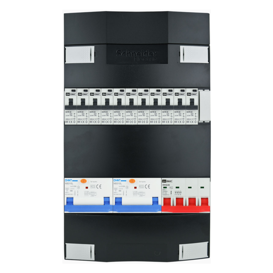 Groepenkast 3f + 10 groepen + fornuis krachtgroep + zonnepanelengroep + autolader
