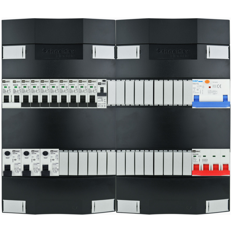 Groepenkast 3f + 8 groepen + fornuisgroep + zonnepanelengroep + autolader (breed)