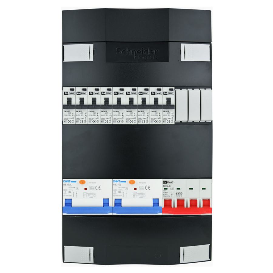 Groepenkast 3f + 8 groepen + fornuis krachtgroep + zonnepanelengroep + autolader